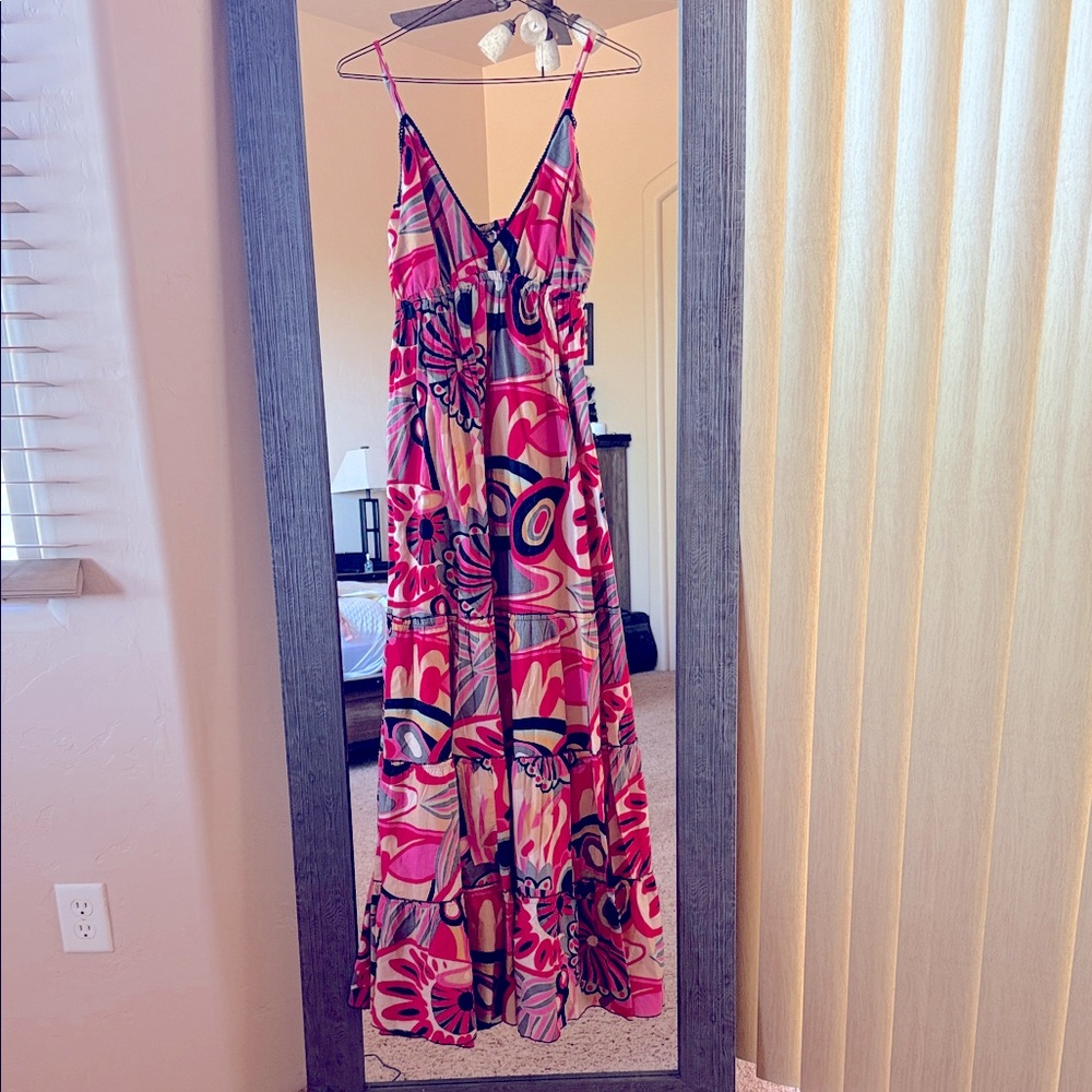 Pink Multi-Print Maxi Dress with Spaghetti Straps